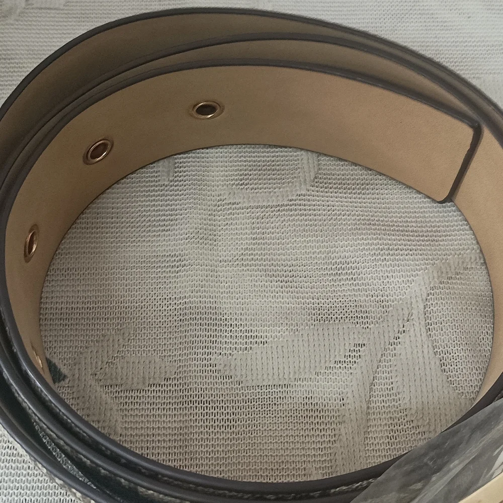 Authentic Michael Kors Womens Gold MK Buckle Belt Light Brown Signature Belt - Picture 7 of 14